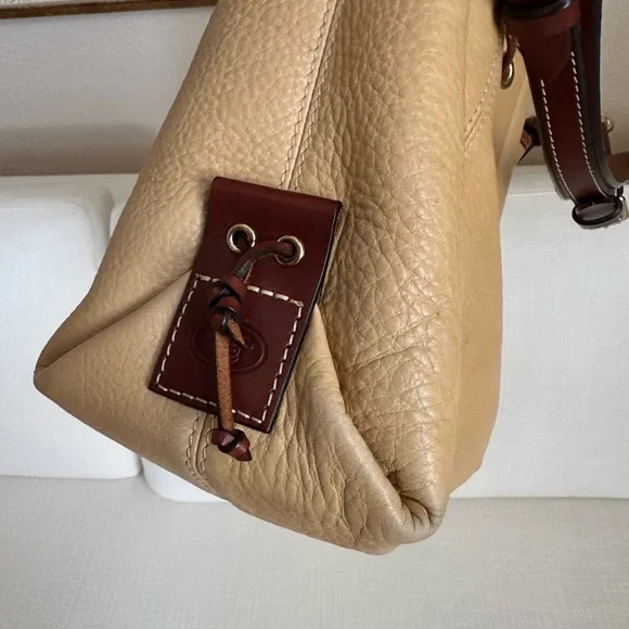 Vintage Dooney & Bourke Tan and Brown Leather Drawstring Bucket Bag